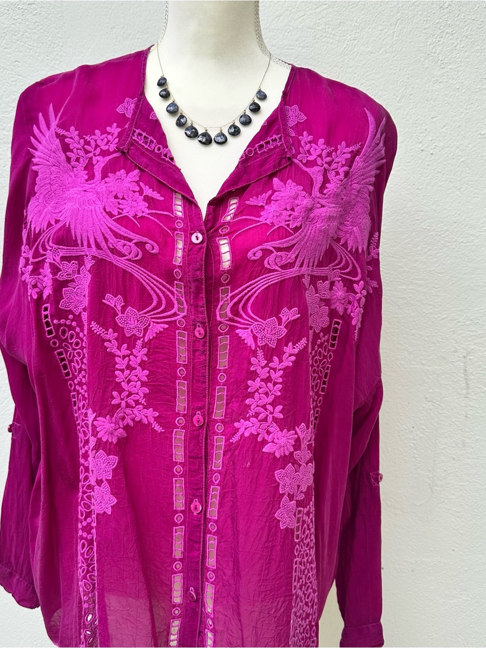 Embroidered V-Neck  Blouse in Magenta